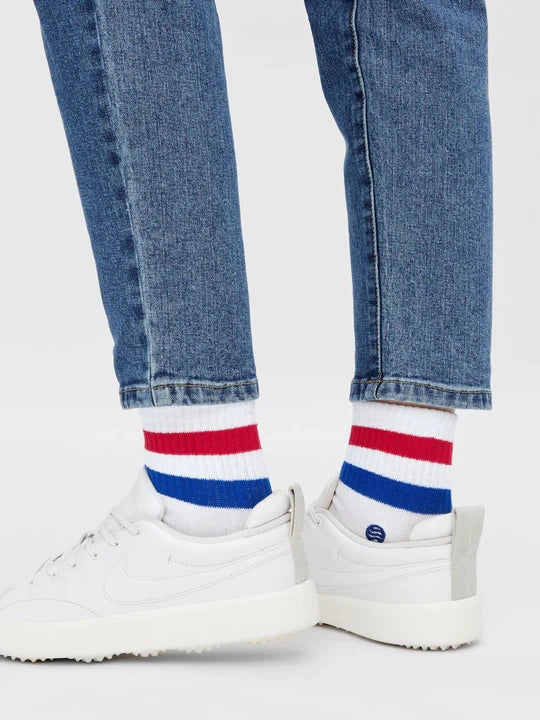 Chaussettes homme blanc - Retro rayure bleu et rouge