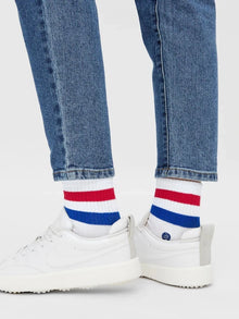 Chaussettes homme blanc - Retro rayure bleu et rouge