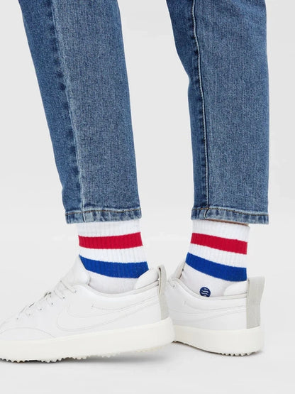 Chaussettes homme blanc - Retro rayure bleu et rouge