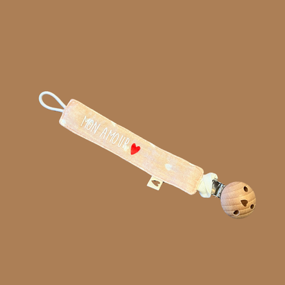 Attache-tétine "Mon amour"- Petits coeurs beige