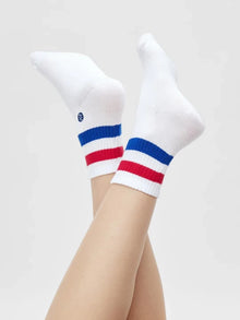 Chaussettes homme blanc - Retro rayure bleu et rouge