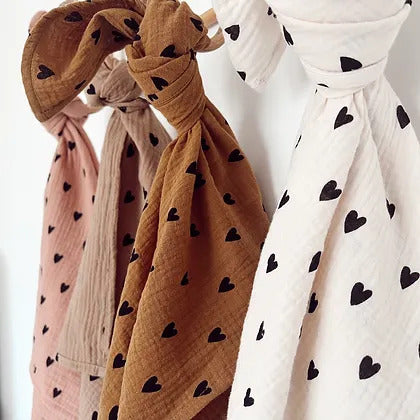 Lange/petit foulard gaze de coton - Coeurs beige