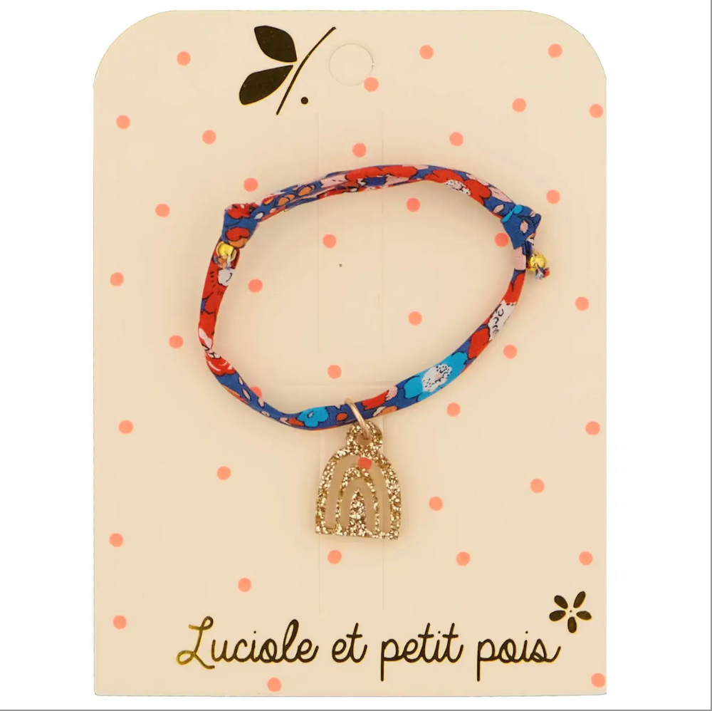 Bracelet enfant - Arc-en-ciel or paillettes et liberty bleu