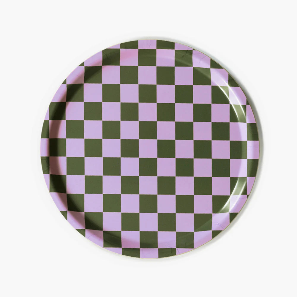 Plateau vichy  rond - Lilas et vert olive