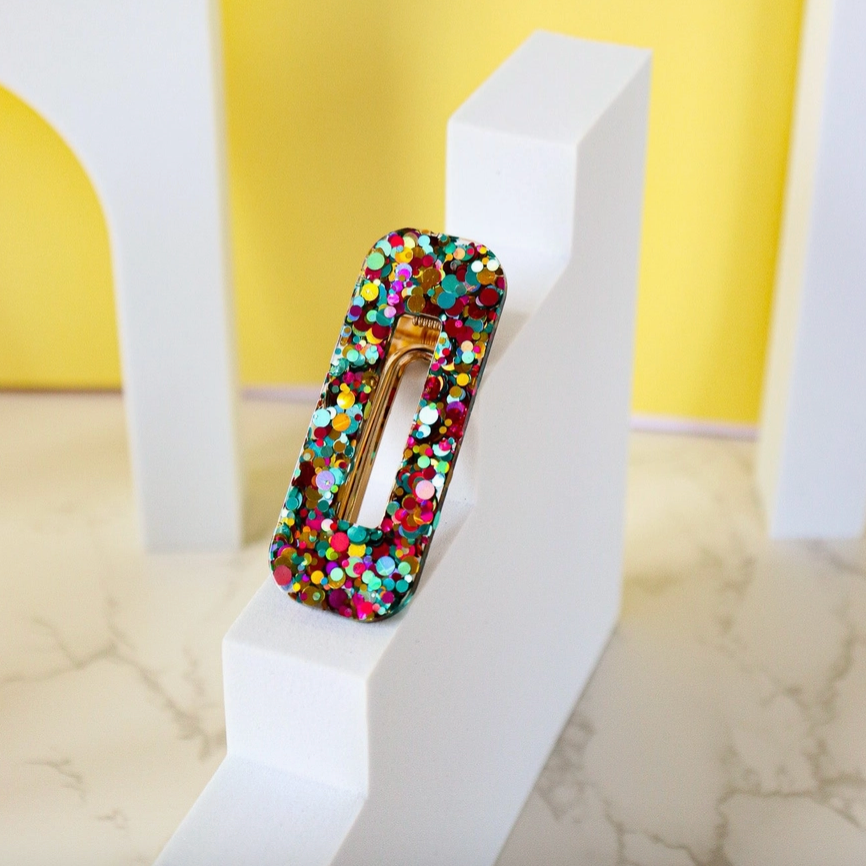 Barrette rectangle - Paillettes multi vert