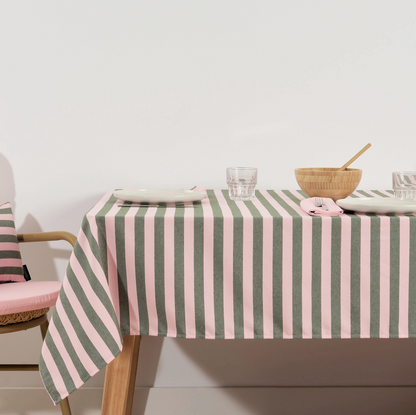 Nappe jacquard rayée imperméable rose & vert mousse - 160 x 250cm