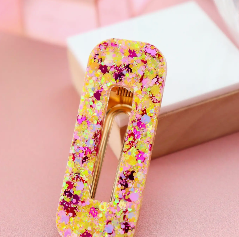 Barrette rectangle - Paillettes jaune et rose