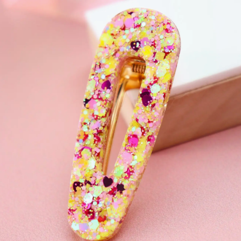 Barrette triangle - Paillettes jaune et rose
