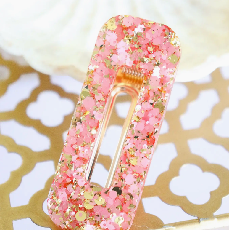 Barrette rectangle - Paillettes roses et or