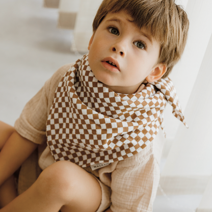 Grand foulard gaze de coton - Damier camel et blanc