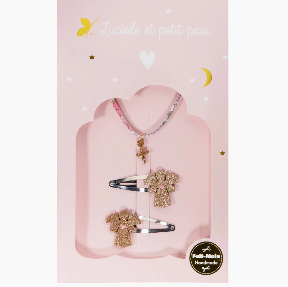 Coffret - Bracelet croix dorée liberty rose et duo de barrettes anges dorés