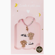 Coffret - Bracelet croix dorée liberty rose et duo de barrettes anges dorés