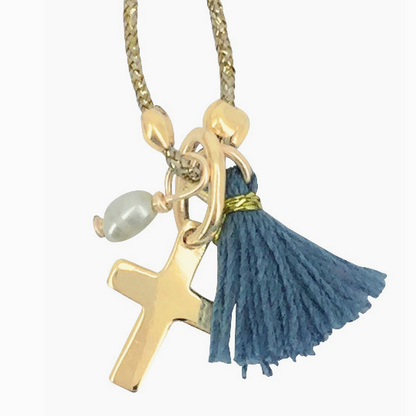 Collier fil lurex - Croix Pompon Bleu