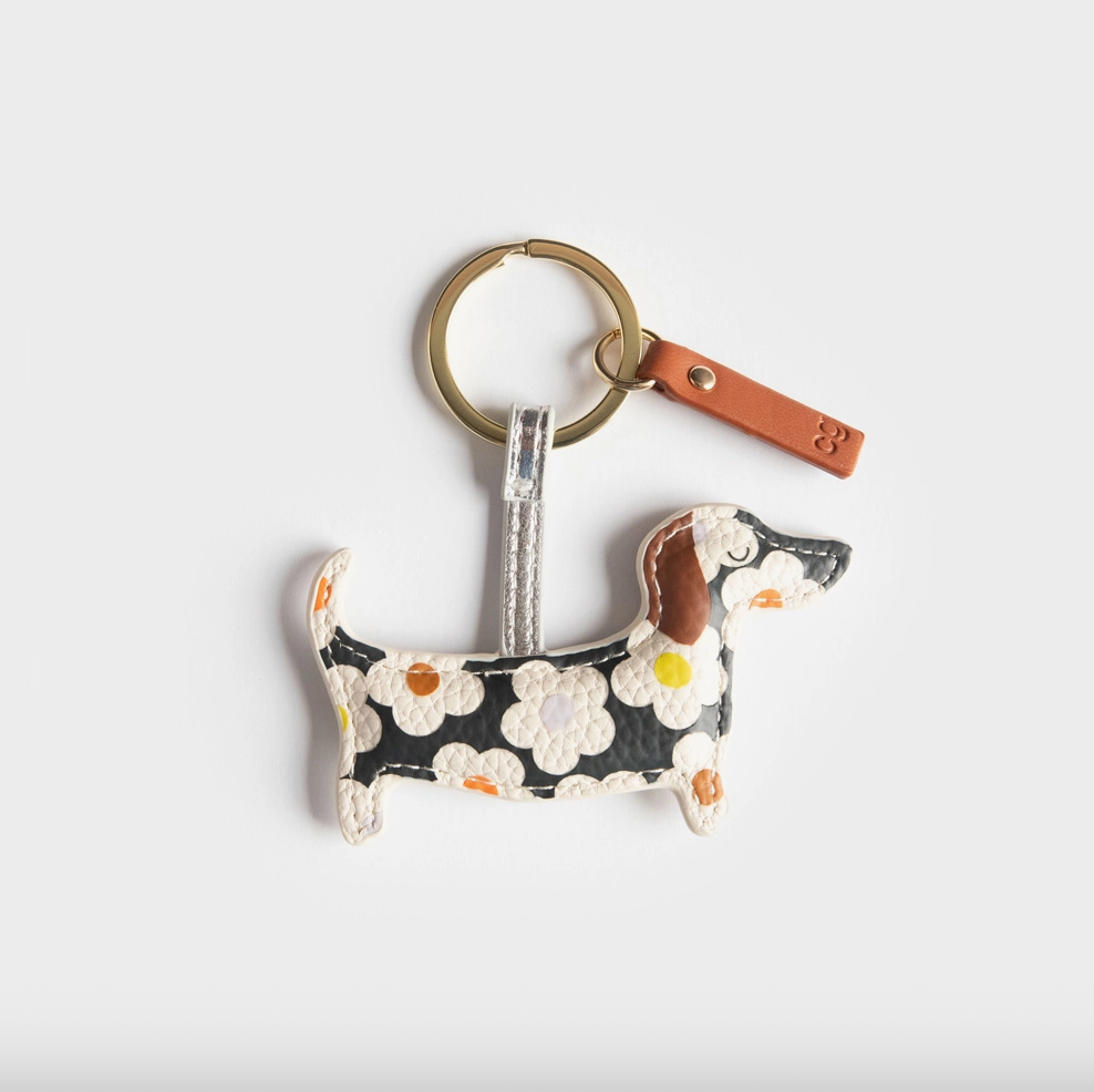 Porte-clés - Chien saucisse noir et son imprimé fleurs