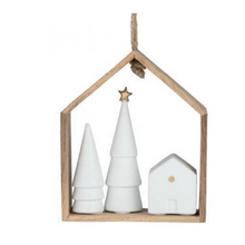 Maison et sapins à suspendre - Bois et porcelaine