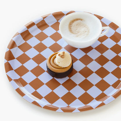 Plateau vichy  rond - Caramel et lilas