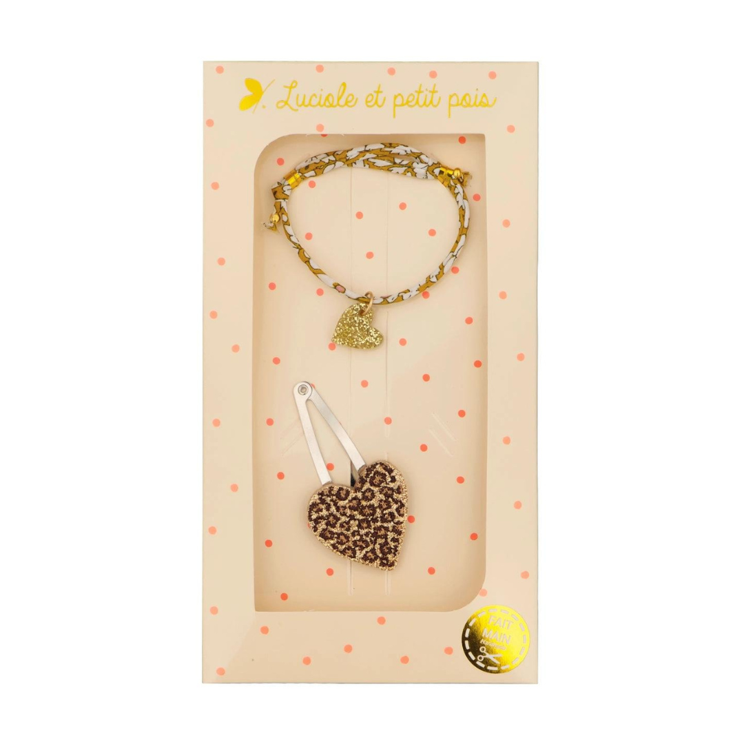 Coffret - Bracelet coeur et barrette léopard