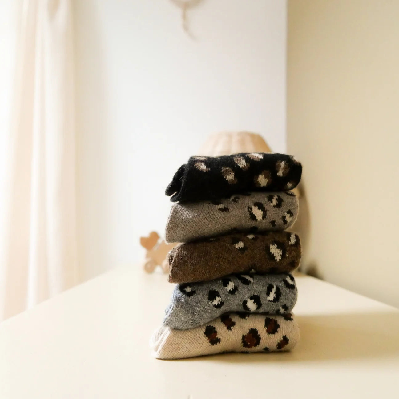 Chaussettes laine  - Léopard taupe