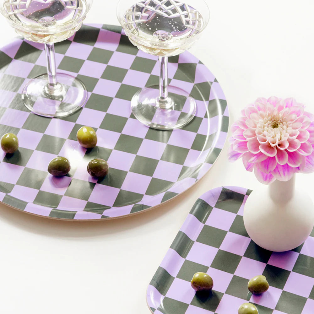 Plateau vichy  rond - Lilas et vert olive