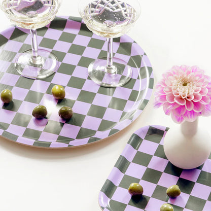 Plateau vichy  rond - Lilas et vert olive