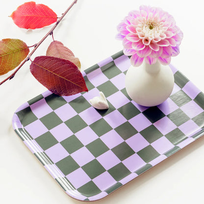 Plateau vichy  rectangle - Lilas et vert olive