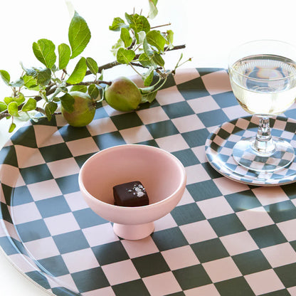 Plateau vichy  rond - Vert olive et rose