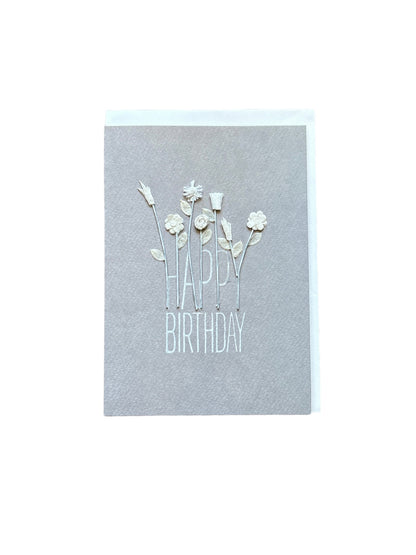Carte grise fleurs blanches - Happy birthday