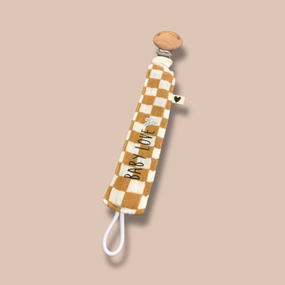 Attache-tétine "Baby love"- Damier camel