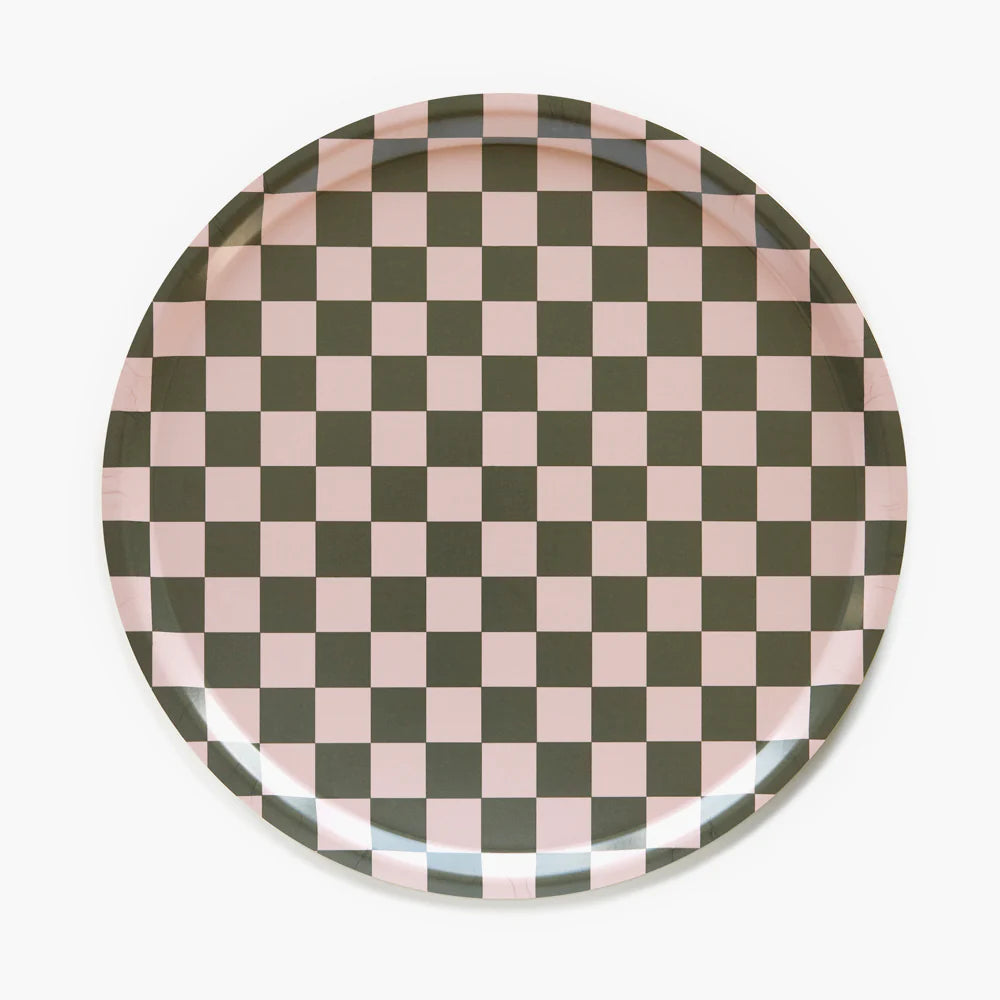 Plateau vichy  rond - Vert olive et rose