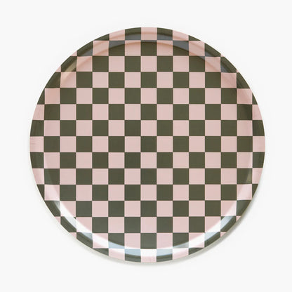 Plateau vichy  rond - Vert olive et rose