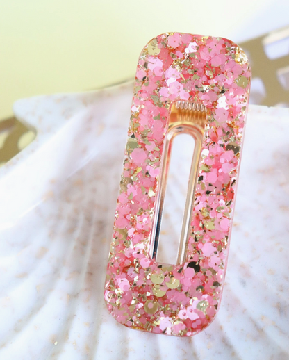 Barrette rectangle - Paillettes rose et or