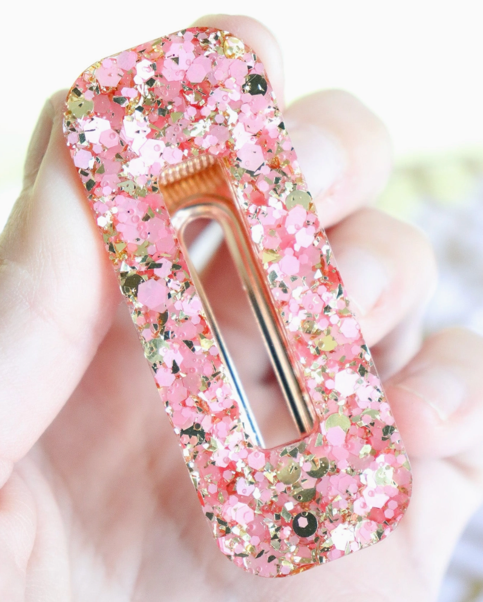 Barrette rectangle - Paillettes rose et or