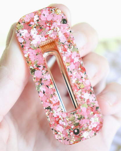 Barrette rectangle - Paillettes rose et or