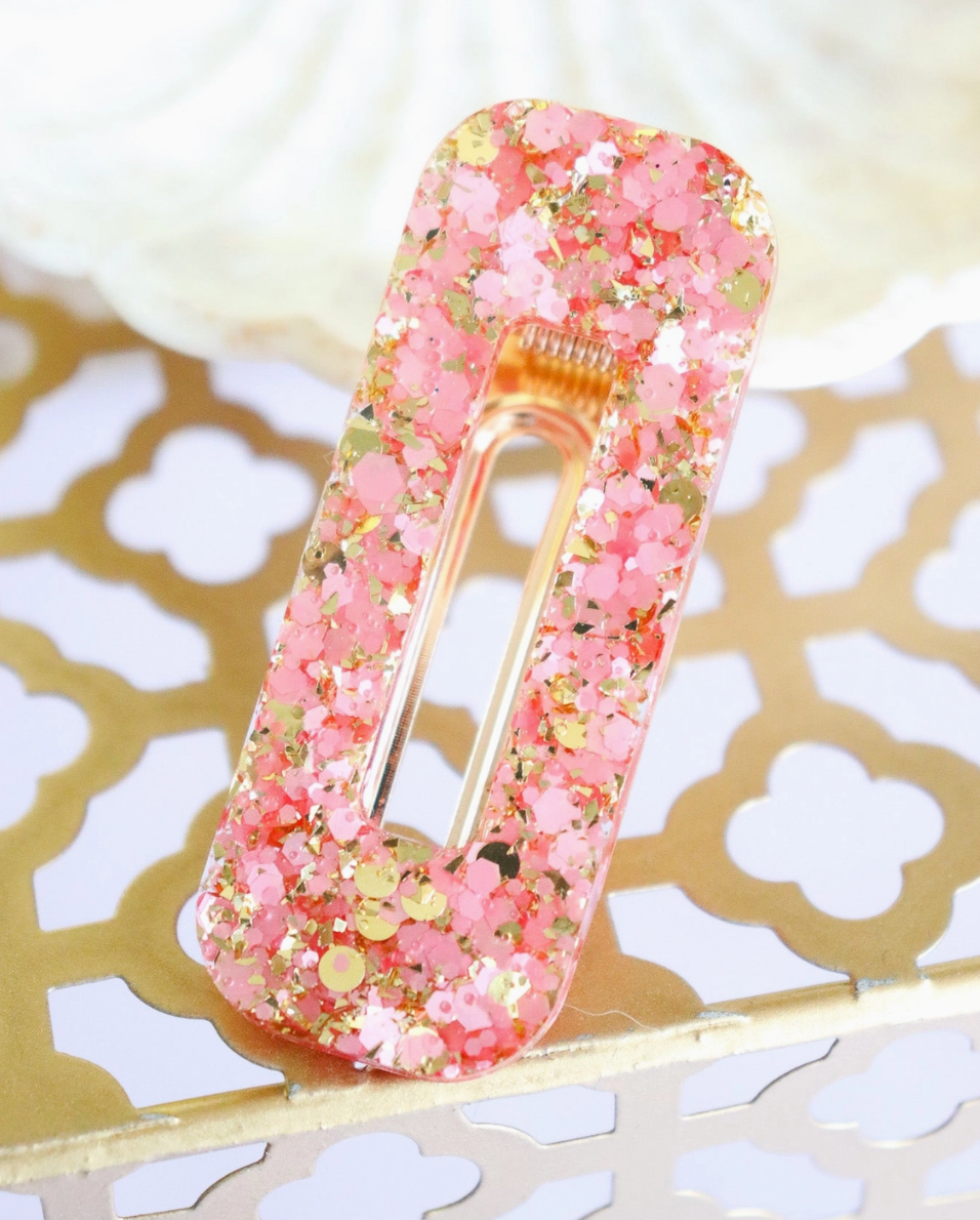 Barrette rectangle - Paillettes rose et or