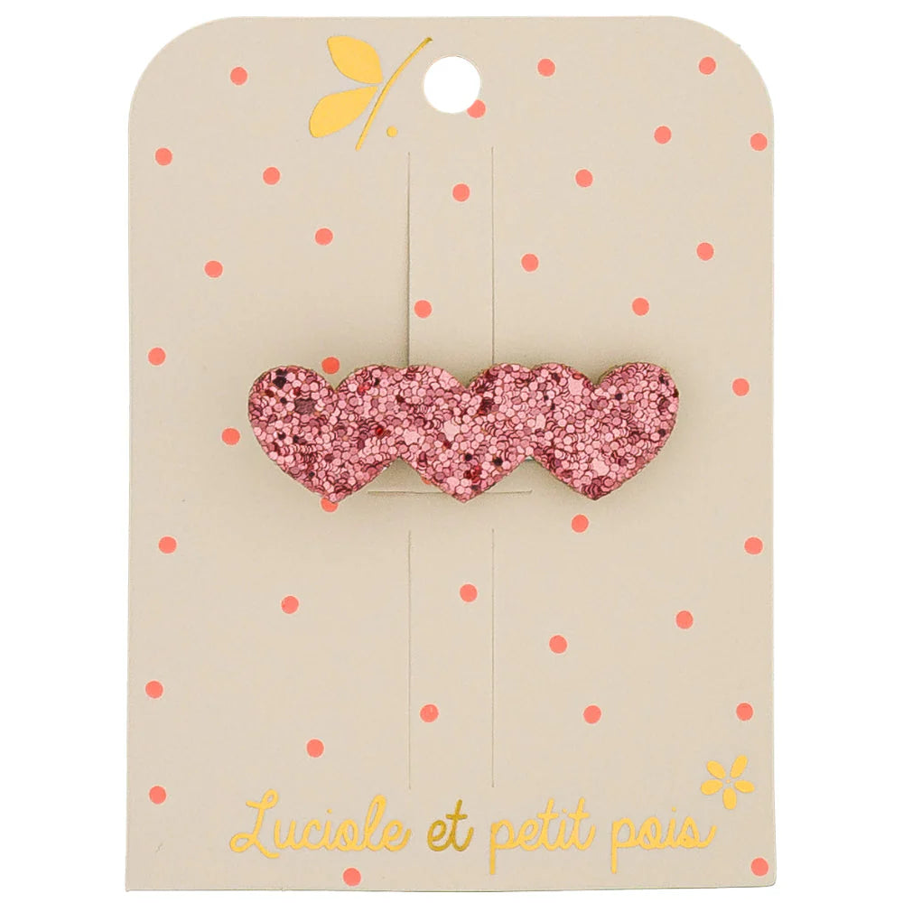 Barrette paillettée - Trio de coeurs framboise