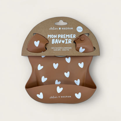 Bavoir bébé silicone coeurs - Caramel