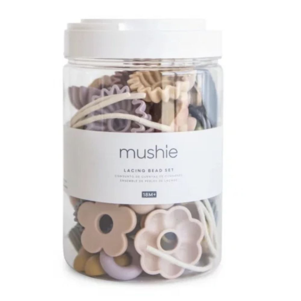 Jouet à lacer Mushie, 54 perles à enfiler dans sa boîte