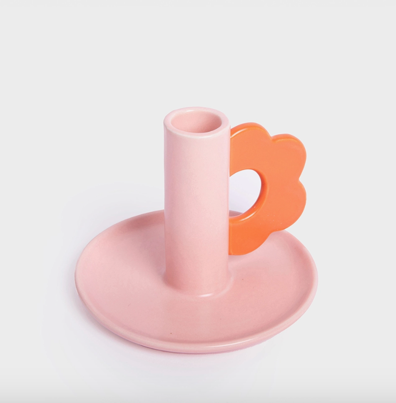 Bougeoir rose - Fleur orange