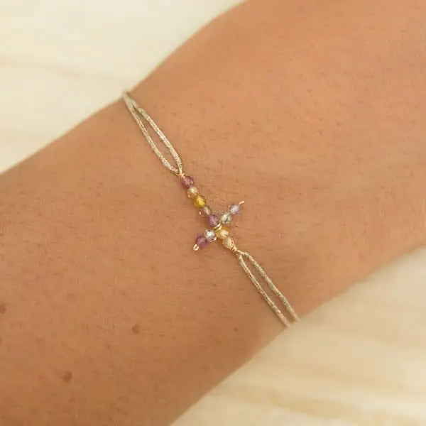 Bracelet fil lurex - Croix pierres semi-précieuses