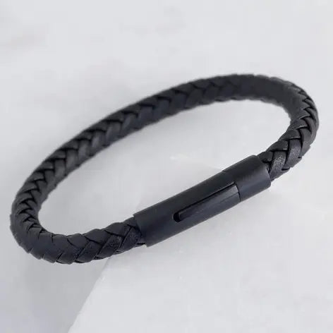 Bracelet homme en cuir noir fermoir noir mat