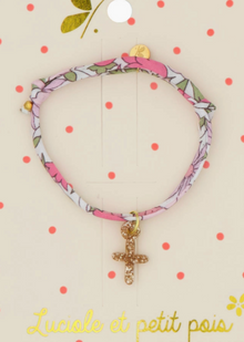 Bracelet enfant - Croix or paillettes et liberty rose