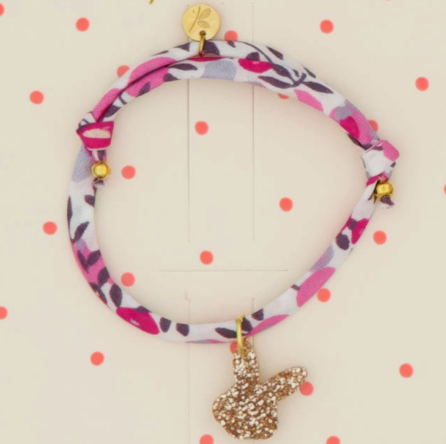 Bracelet enfant - Lapin or paillettes et liberty rose
