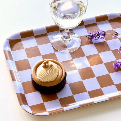 Plateau vichy  rectangle - Caramel et lilas