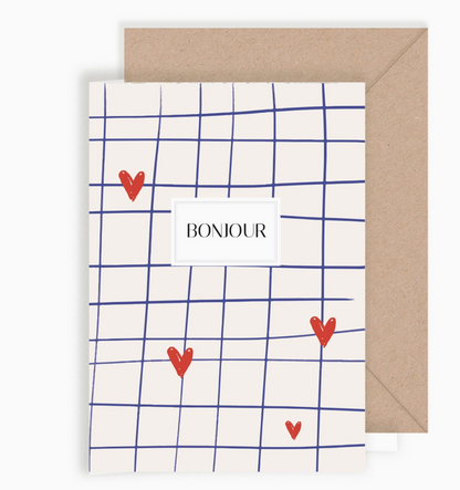 Carte - Bonjour coeurs rouge