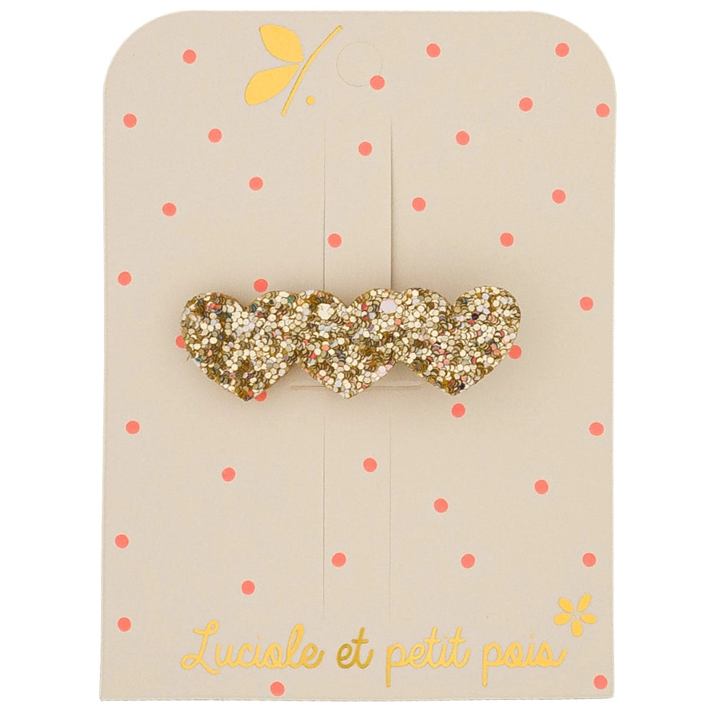 Barrette paillettée - Trio de coeurs doré