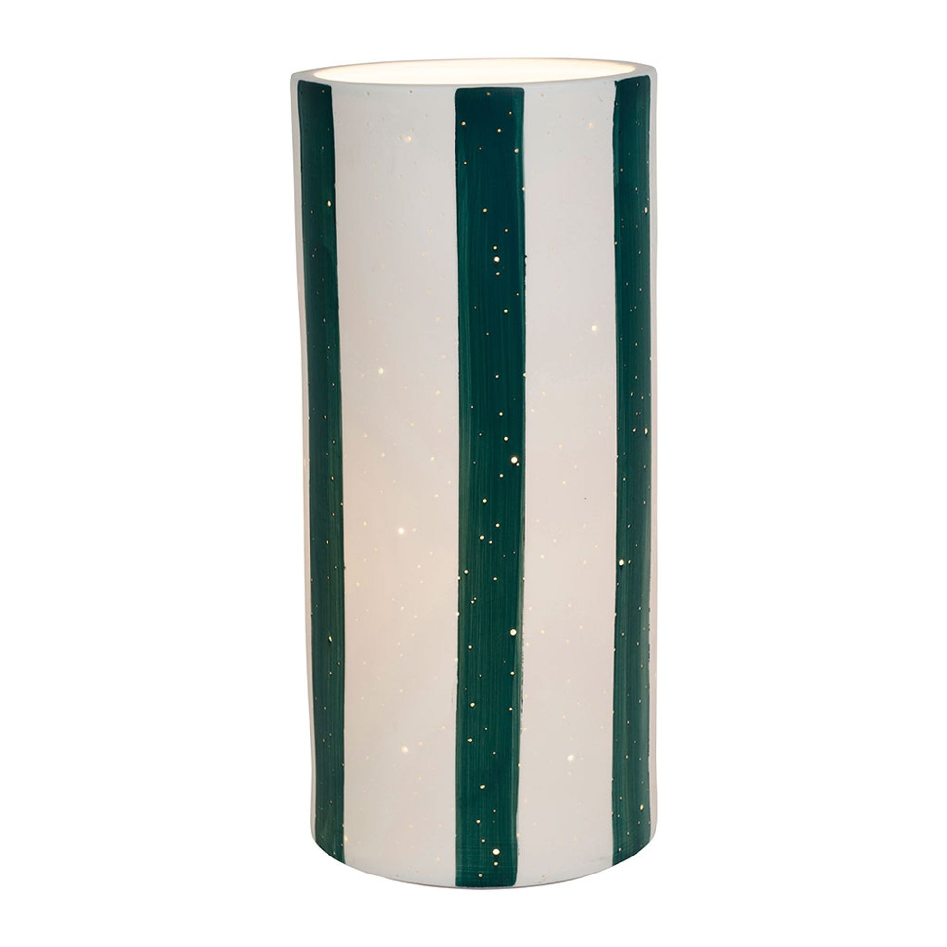 lampe-cylindre-en-porcelaine-rayee-emeraude-et-blanc-h28cm-alaria- allumée