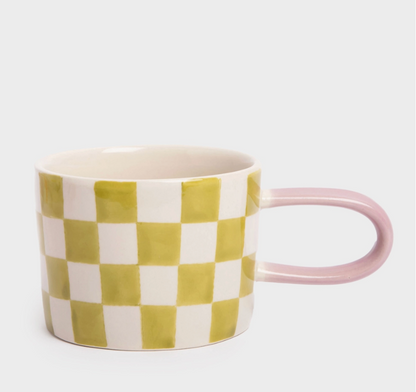 Mug damier - Vert, écru et rose