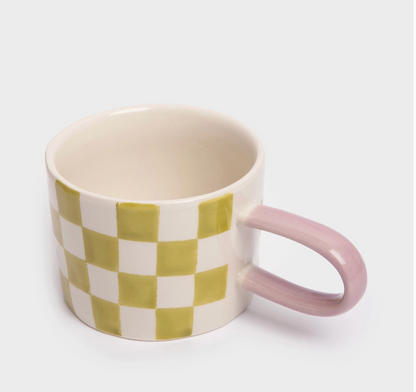 Mug damier - Vert, écru et rose