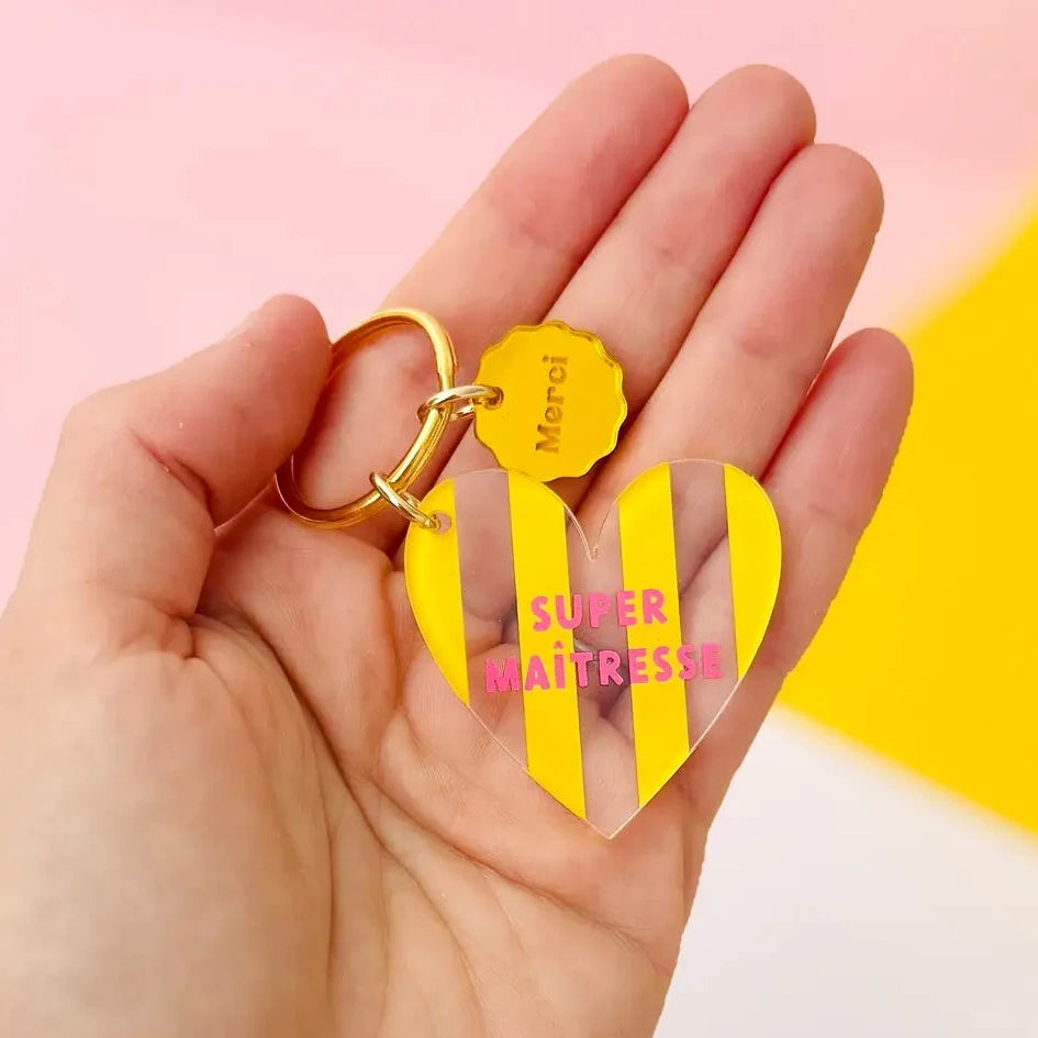 porte clés coeur rayures jaunes super maitresse