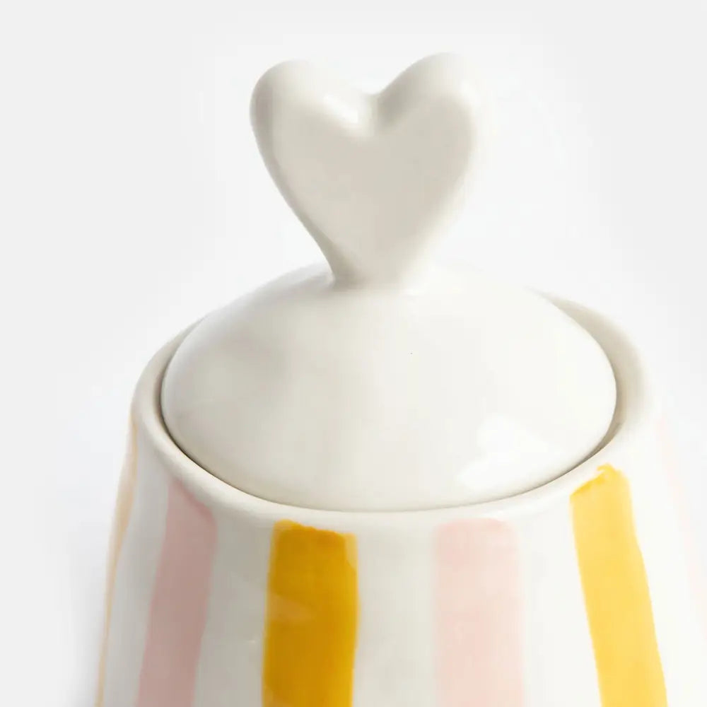 pot à couvercle coeur à rayures rose et orange Caroline gardner 